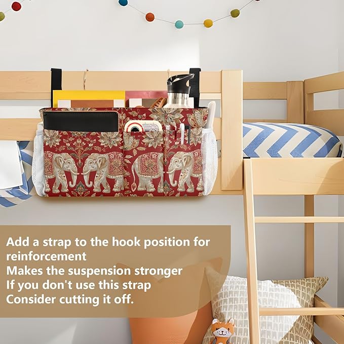 Bedside Caddy Hanging Bunk Bed Caddy Bed Organizer Hanging Pocket with 2 Hooks Bedside Storage Organizer Pocket Bag Holder Red Retro Elephant Flowers