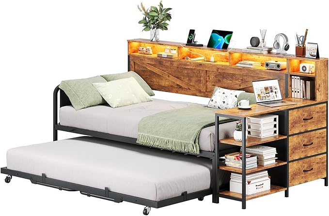 VIAGDO Daybed Twin with Pop Up Trundle, Farmhouse Wooden Day Bed Frame with 3 Storage Drawers and Shelves, Twin to King Daybed with Charging Station and LED Lights for Bedroom, Rustic Brown