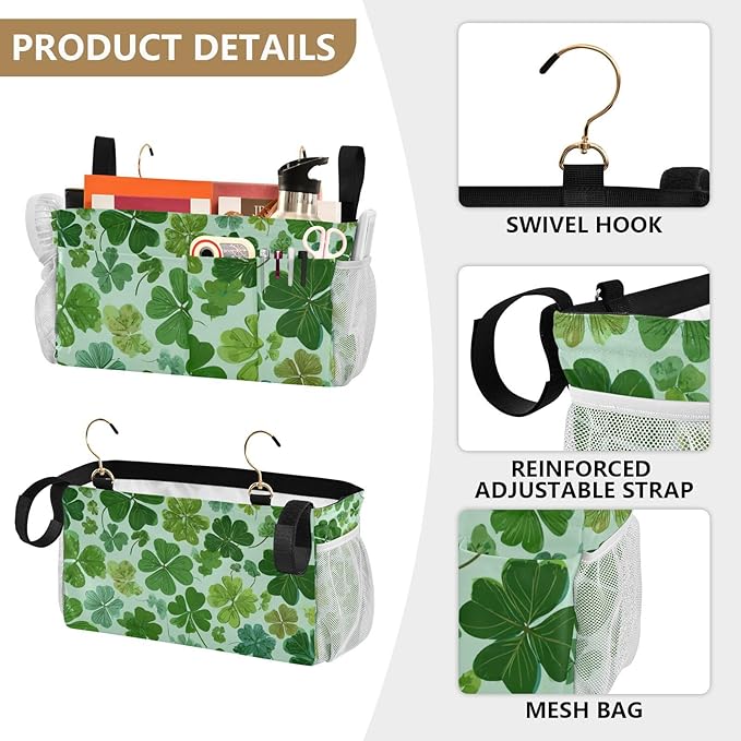 Bedside Caddy Hanging Bunk Bed Caddy Bed Organizer Hanging Pocket with 2 Hooks Bedside Storage Organizer Pocket Bag Holder Green Nature St Patrick Clovers