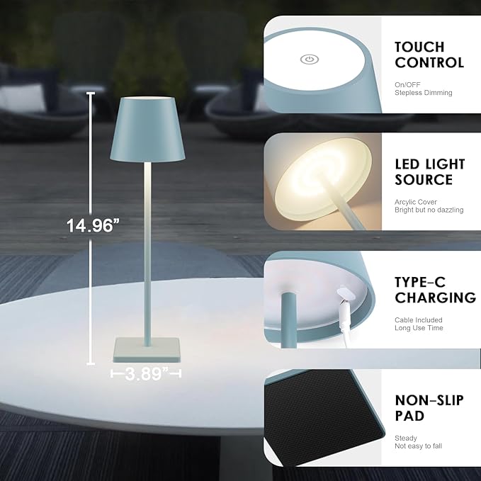 2 Packs Rechargeable LED Table Lamp,Outdoor Cordless Table Lamp Waterproof Portable, Stepless Dimmable Modern Lamp for Restaurant/Bedroom/Outdoor (Blue)