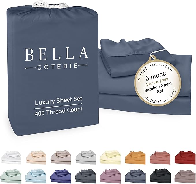 Bella Coterie Luxury Bamboo Viscose Twin Size Sheet Set | 100% Organically Grown | Ultra Soft | Cooling for Hot Sleepers | 18" Deep Pocket [Slate Blue]