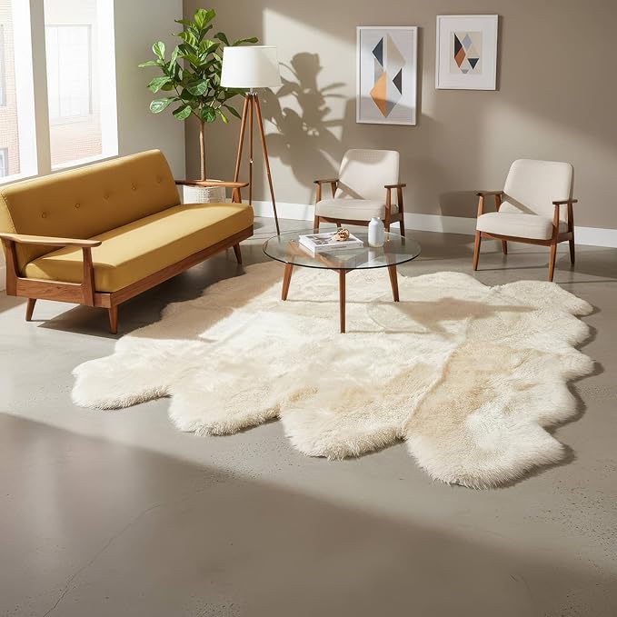 Premium Genuine Sheepskin Rug 6' x 8' Long Fur Soft & Natural Shaggy Living Room Rug, Champagne Cream, Eight Pelt