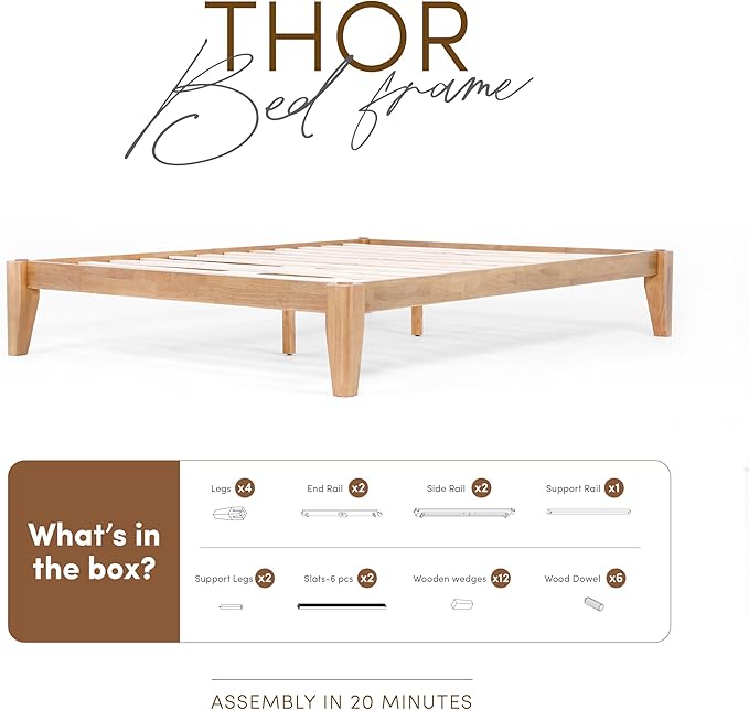 Thor Premium Solid Wood Bed Frame Queen, Platform Bed, Japanese Joinery Bed Frame, Wood Slat Support, No Box Spring Needed, Easy Assembly, Minimalist & Modern Style (Light Oak)