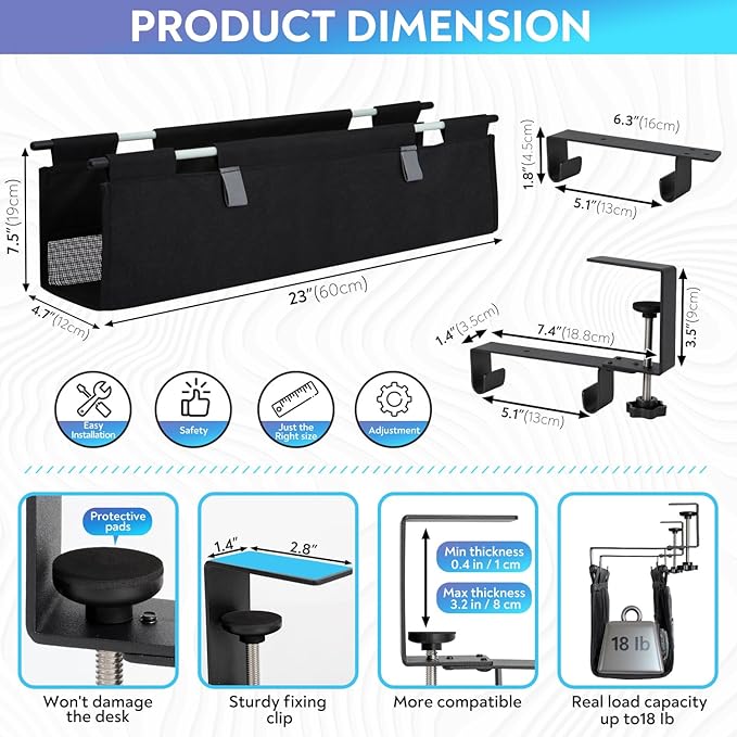 Under Desk Cable Organizer with Mesh Slot for Ventilation, Quick Mount with Clamp or Screws to Hold Fabric Cable Tray, Kit for Tidy Cord & Wire Management for Home Office Standing Desk