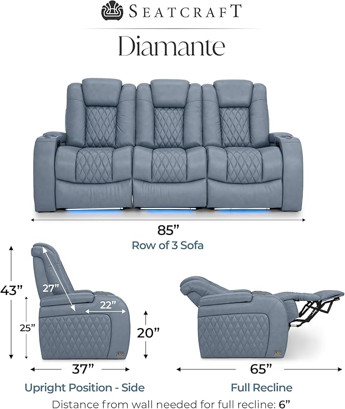 Seatcraft Diamante Zero-Gravity CoolZero Italian Leather Home Theater Seating, Power Headrest, Power Recline, Row of 3 Sofa, Smokey Blue