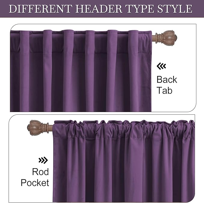 RYB HOME Purple Velvet Curtains 90 inches Length, Back Tab & Rod Pocket Soft Fabric Blackout Thermal Insulated Curtains & Drapes for Bedroom Dining Room, Purple, W 52 x L 90, 2 Panels Set