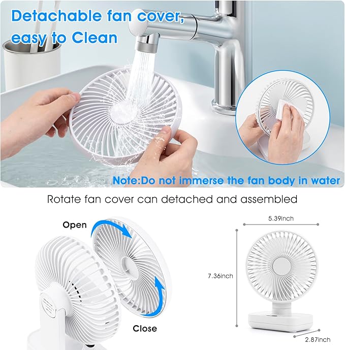 Digibond Oscillating Table Fan Small Oscillating Fan for Bedroom/Indoor/Outdoor Ultra Quiet Mini Desk Fan Auto 90° Rotated 4 Speeds 5in Wall Mounted Cordless Portable Rechargeable (White)
