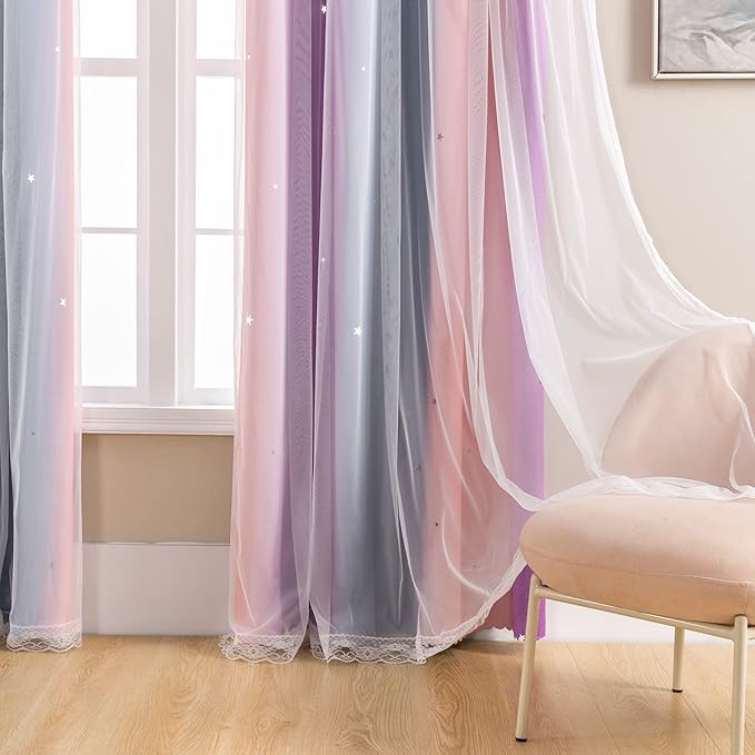 XiDi Curtains for Bedroom Decor, Rainbow GreyPinkPu-52-90