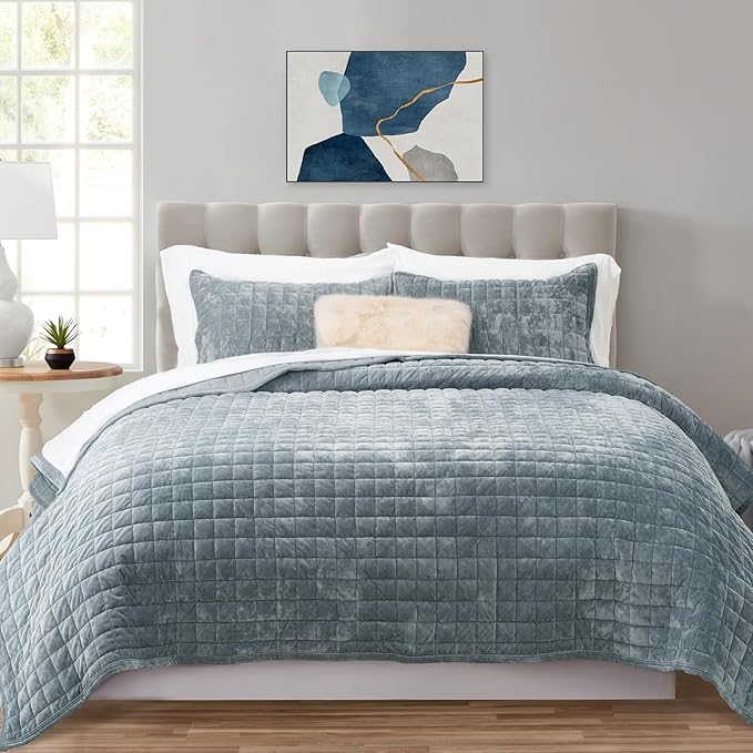 RECYCO Luxury Velvet Quilt Set Full Queen Size Bedding Sets, Ultra Soft Velvet Comforter Set, Lightweight Channel Box Stitch Oversized Bedspread Coverlet for All Season, with 2 Shams, Blue Linen