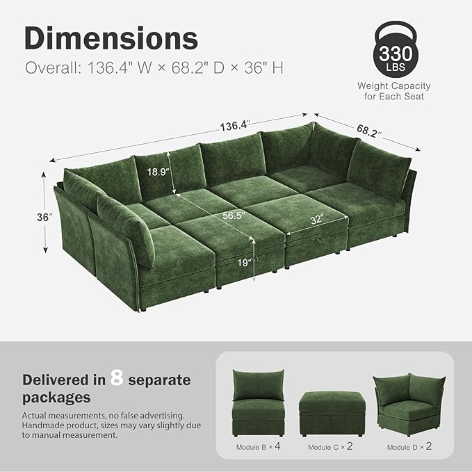 ABCASA 136.4" Oversized Modular Sectional Sleeper Sofa Bed, U Shaped Convertible Couch with Movable Ottoman, Large 8 Seat Corner Couches for Living Room Deep Seat Green Chenille