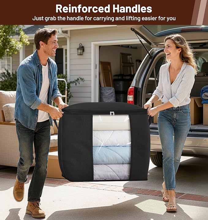 SLEEPING LAMB 170L Huge Blanket Storage Bag, Sturdy Oxford Fabric Comforter Storage Bag with Handles & Window, Foldable Bedding Container Organizer for King-size Duvets, Sheets, Pillows, Clothes,Black