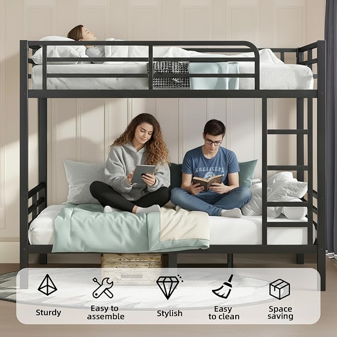 Full Over Full Bunk Bed Frame, Heavy Duty Metal Loft Bed for Adults/Teens, 350/500LB Capacity w/Ladder & Guardrail, Noise-Free Steel Slats, No Box Spring Required, Black