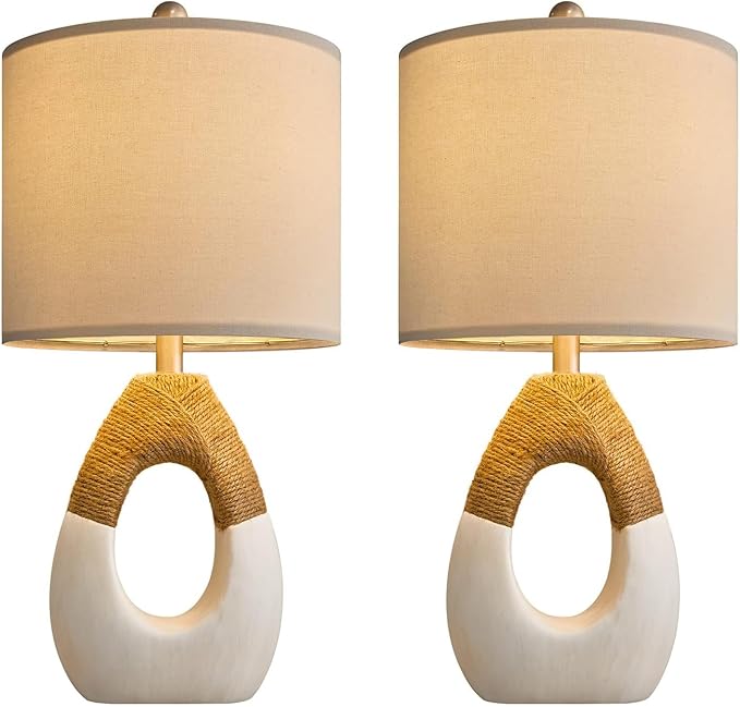OYEARS 19'' Small Boho Table Lamps for Bedroom Set of 2, Farmhouse Rattan Bedroom Lamps for Living Room Rustic Home Decor, Nightstand Bedside Lamps for Sofa Table Entry Way, Suitable for Small Places