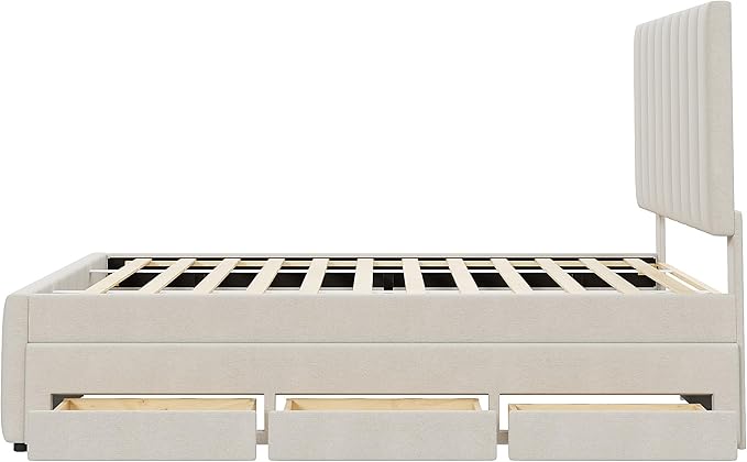 Bellemave Full Size Bed Frame with Twin Trundle Bed and Storage Drawers,Linen Upholstered Bed Frame,Full Size Trundle Bed with Adjustable Headboard for Kids Teens Adults,Beige