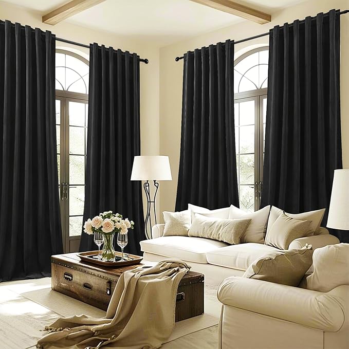 AUSSPVOCT Black Velvet Blackout Curtains 96 Inches for Bedroom, Light Reducing Thermal Curtain Elegant Soft Luxury Room Darkening Window Drapes for Living Room, Back Tab Rod Pocket, W52 x L96, 2 Pcs