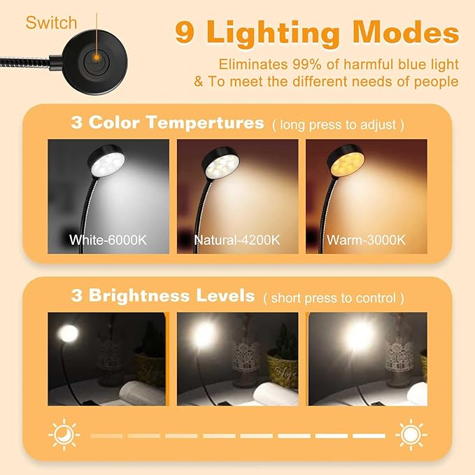 Rechargeable Book Light for Reading in Bed, Eye Caring Book Reading Lamp with 10 LED Modes,1.3 oz Lightweight Portable Clip on Light, 360° Adjustable Clamp Light Perfect for Readers