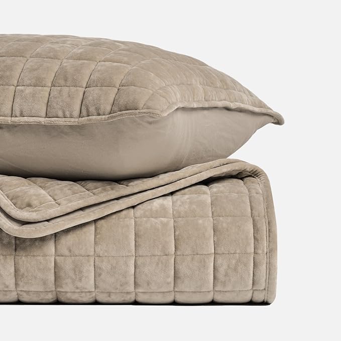 RECYCO Luxury Velvet Quilt Set Full Queen Size Bedding Sets, Ultra Soft Velvet Comforter Set, Lightweight Channel Box Stitch Oversized Bedspread Coverlet for All Season, with 2 Shams, Urban Taupe