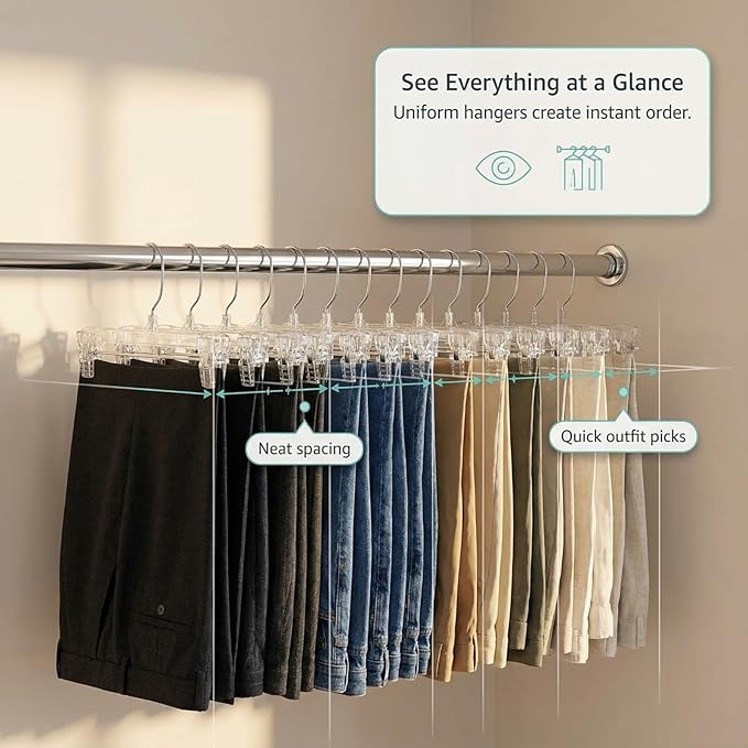 DEILSY™ Pants Hangers with Clips – Space Saving Pants Hangers - Stylish Jeans Hangers for Closet Organization - Durable Hangers for Pants, Skirts, Jeans, Shorts, Trousers - 30 Pack
