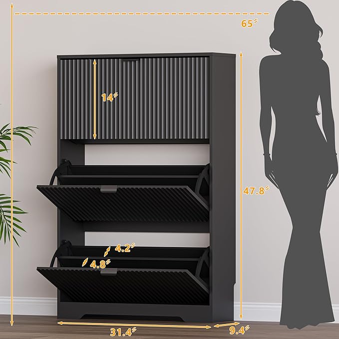 Entryway Shoe Cabinet with 3 Flip Drawers, Narrow Shoe Organizer Cabinet with Fluted Panel and Adjustable Shelves for Foyer, Hallway