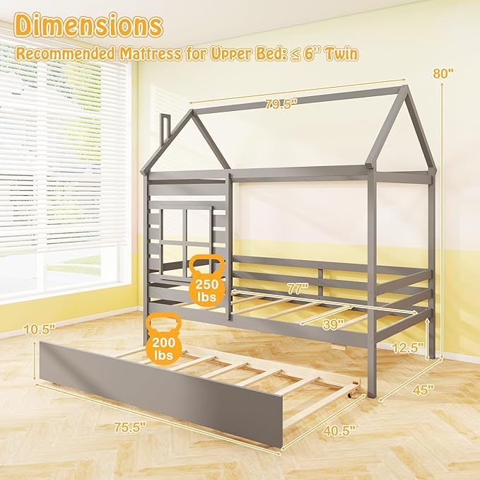 Giantex Twin House Bed with Trundle Bed, Wooden Twin Bed Frames with Roof, Chimney & Window, Montessori House Bed with Safety Guardrails for Kids, Boys, Girls, Teens (Grey)