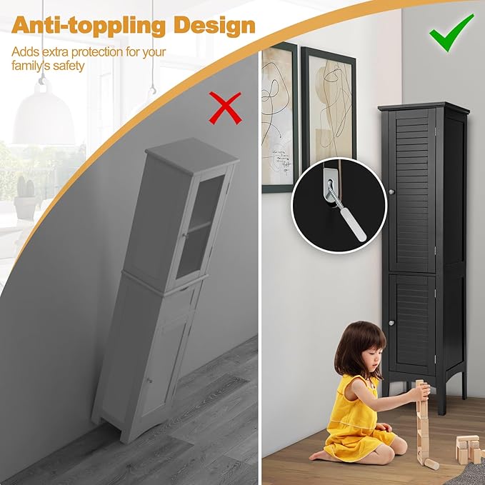 COSTWAY Tall Bathroom Storage Cabinet, 5-Tier Freestanding Linen Tower Cabinet with 2 Doors, Wooden Side Storage Organizer, Narrow Slim Floor Cabinet for Bathroom, Living Room, Kitchen (Black)