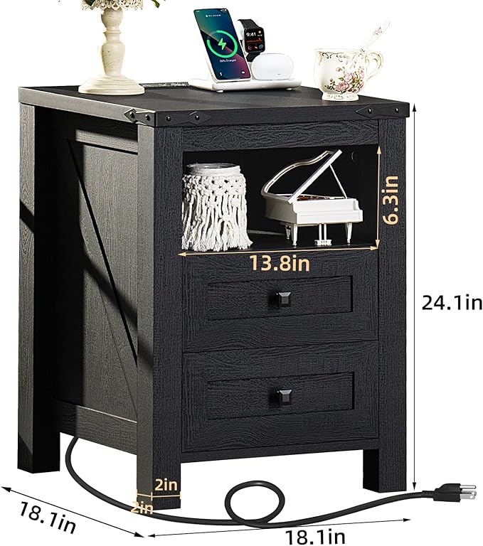 Joaxswe Night Stands with Charging Station Set of 2, Farmhouse Nightstand, Wooden Bedside End Tables with 2 Drawers and Open Shelf, Bed Side Table for Bedroom, Living Room, Closet, Office (Black)