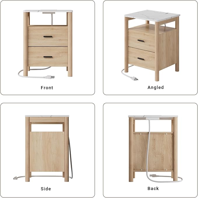 FavourLife Night Stand, 20" Wide Nightstand, Modern Large Nightstand with Charging Station & Faux Marble Top, 2 Drawer End Table with Solid Round Post Legs, Bedside Table for Bedroom, Natural Oak