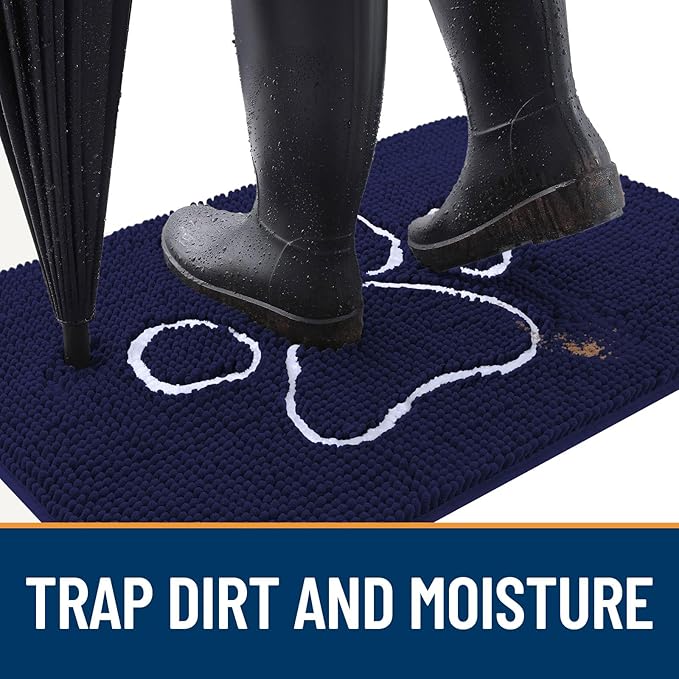 OLANLY Dog Door Mat for Muddy Paws 36x24, Paw Print Design, Absorbs Moisture and Dirt, Absorbent Non-Slip Washable Doormat, Quick Dry Chenille Mud Mat for Dogs, Entry Indoor Entryway Carpet, Navy Blue