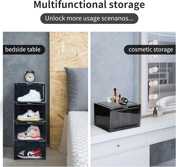 XL clear shoe storage boxes stackable, 8 Pack Large Shoe Boxes Clear Plastic Stackable, Drop side Sneaker Container Fit Size 13 (Black 8 Pack)