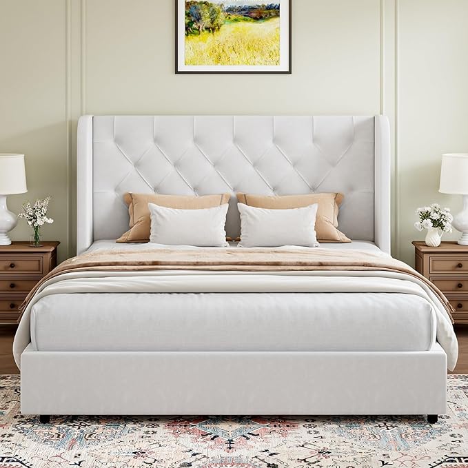 HOMBCK White Queen Bed Frame, Velvet Upholstered Platform Bed Frame with Headboard, Curved Wingback Design, Wooden Slats, No Box Spring, Noise Free, Easy Assembly