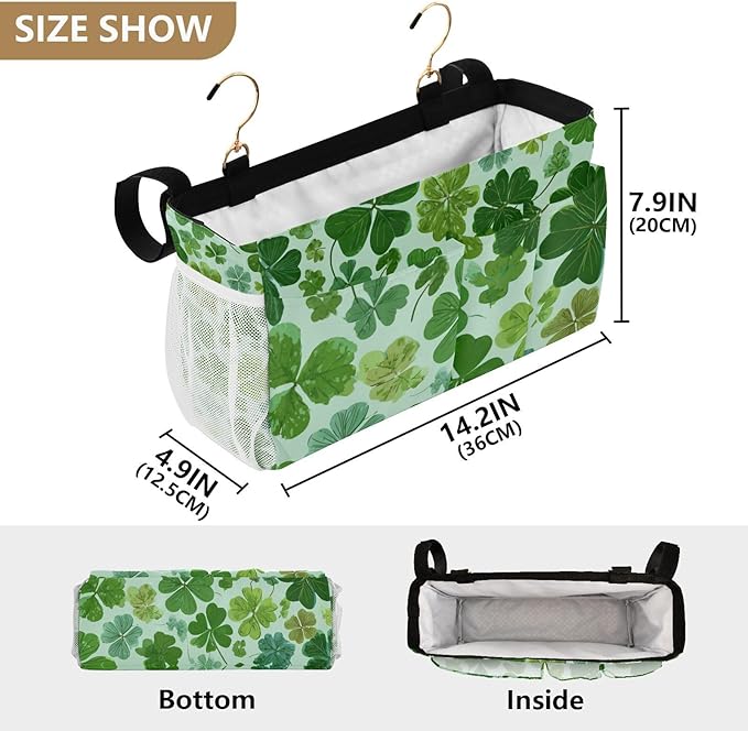 Bedside Caddy Hanging Bunk Bed Caddy Bed Organizer Hanging Pocket with 2 Hooks Bedside Storage Organizer Pocket Bag Holder Green Nature St Patrick Clovers