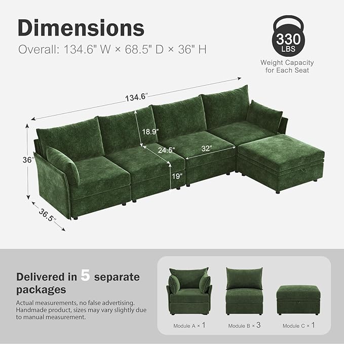 ABCASA 134.6" Luxury Modular Sectional Convertible Sofa with Storage Ottoman, L-Shape 5-Seat Oversized Comfy Couch Deep Seat with Reversible Chaise - Chenille Green
