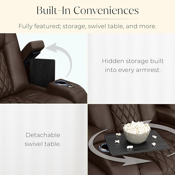 Seatcraft Diamante Zero-Gravity CoolZero Italian Leather Home Theater Seating, Power Headrest, Power Recline, Row of 5 Right Loveseat, Brown