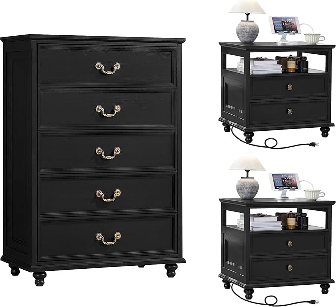 24" Wide Farmhouse Nightstand with Charging Station Set of 2, 45" Tall Rustic Chests of 5 Drawers w/ 4 Solid Wood Feet, Farmhouse Furniture Series for Living Room,Bedroom,Black
