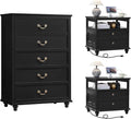 24" Wide Farmhouse Nightstand with Charging Station Set of 2, 45" Tall Rustic Chests of 5 Drawers w/ 4 Solid Wood Feet, Farmhouse Furniture Series for Living Room,Bedroom,Black