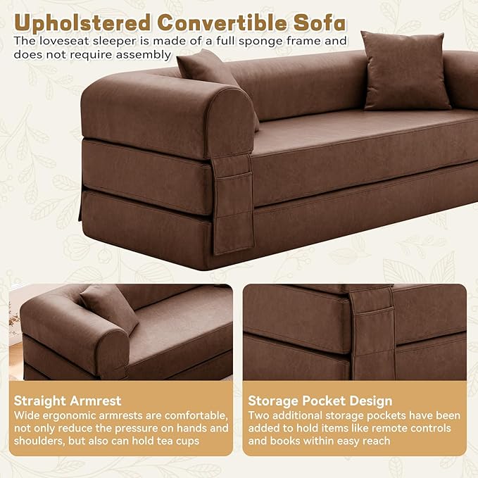 Convertible Folding Sofa Bed,78.5 Inch Faux Leather Futon Couch with Pillows & Storage Pocket,5-in-1 Queen Sleeper Sofa in a Box with Pull Out Bed,Boneless Couch for Living Room Bedroom,Brown