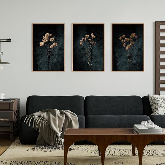 LHIUEM Dark Moody Wildflowers Framed Canvas Wall Art Set,Minimalist Wildflower Wall Decor,Vintage Black Flower Botanical Painting, Aesthetic Floral Artwork for Living Room,Bedroom,Office-24''x36''x3
