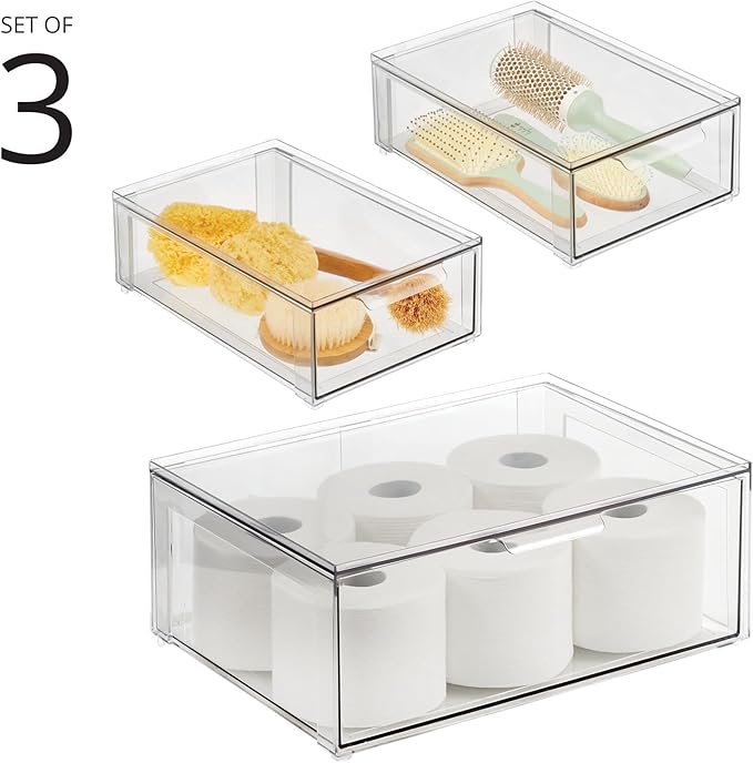 mDesign Plastic Stackable Bathroom Storage Organizer Bin Containers with Front Pull Drawer for Bathroom Countertop, Vanity, Closet Shelves - Holder for Accessories, Lumiere Collection, Set of 3, Clear