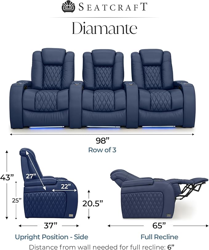 Seatcraft Diamante Zero-Gravity CoolZero Italian Leather Home Theater Seating, Power Headrest, Power Recline, Row of 3, Navy Blue