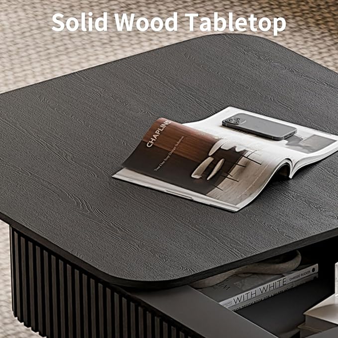 LKTART Coffee Table for Living Room, Accent Fluted Square Coffee Table with Hidden Storage, Modern Solid Wood Veneered Circle Center Tea Table for Small Space Apartment (31.5''D×14''H-Black)