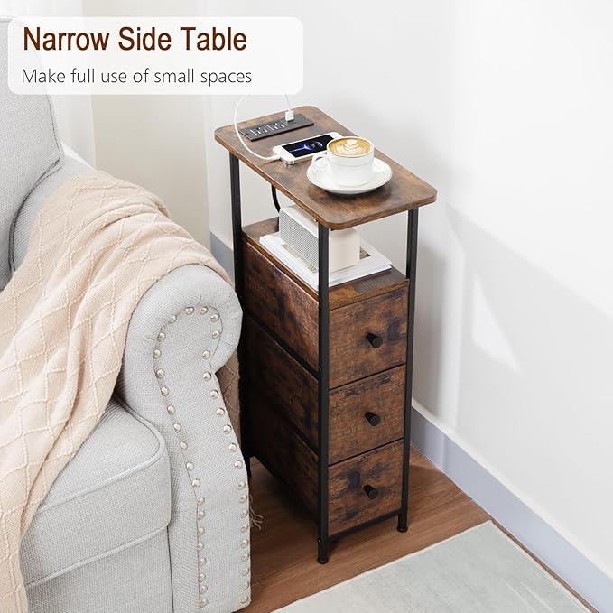 LOAKEKEL Narrow End Table Living Room with Charging Station, Skinny Side Table with Fabric Drawers, Slim Nightstand for Bedroom, Small Spaces, Couch, Rustic Brown, HETNDP03PBR-1