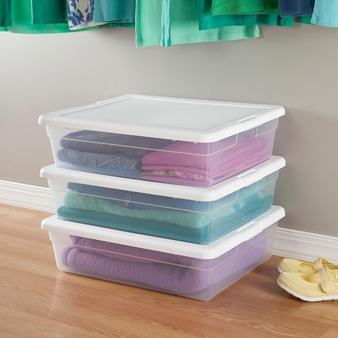 Sterilite 30-Pack Storage Box, Stackable Clear Plastic Bins with Snap-On Lids, 28 Quart