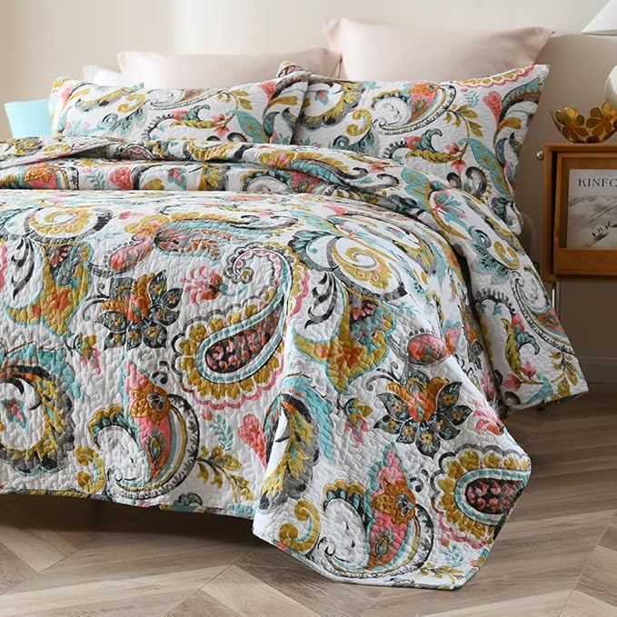 Cotton Bedspread Quilt Sets Reversible Bedding Coverlet Sets Comforter Paisley Floral Bedspread (White Paisley Floral, Queen Size)