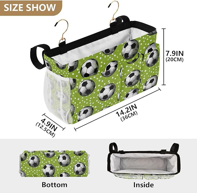 Bedside Caddy Hanging Bunk Bed Caddy Bed Organizer Hanging Pocket with 2 Hooks Bedside Storage Organizer Pocket Bag Holder Deep Green Soccer Balls Dots