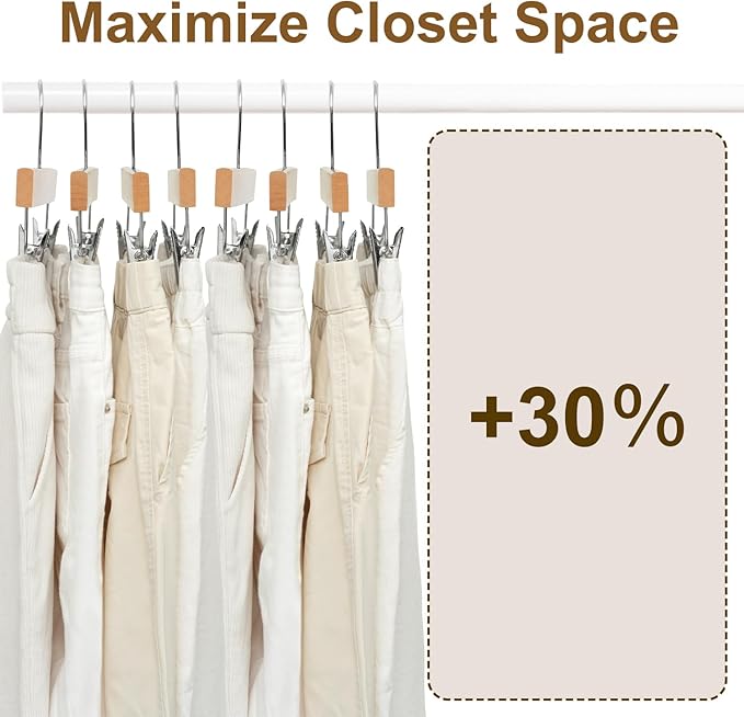 BAGAIL 10 Pack Wooden Pants Hangers with Adjustable Clips, 360°Swivel Hook Space Saving Skirt Holders with Anti-Rust Clips for Trousers, Jeans, Shorts (Natural)