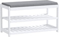 Shoe Bench Entryway, 100% Solid Solid Wood Shoe Rack Bench with Storage and Cushion Padded Seat, 3-Tier Shoe Organizer for Hallway Living Room, Mudrooms, White