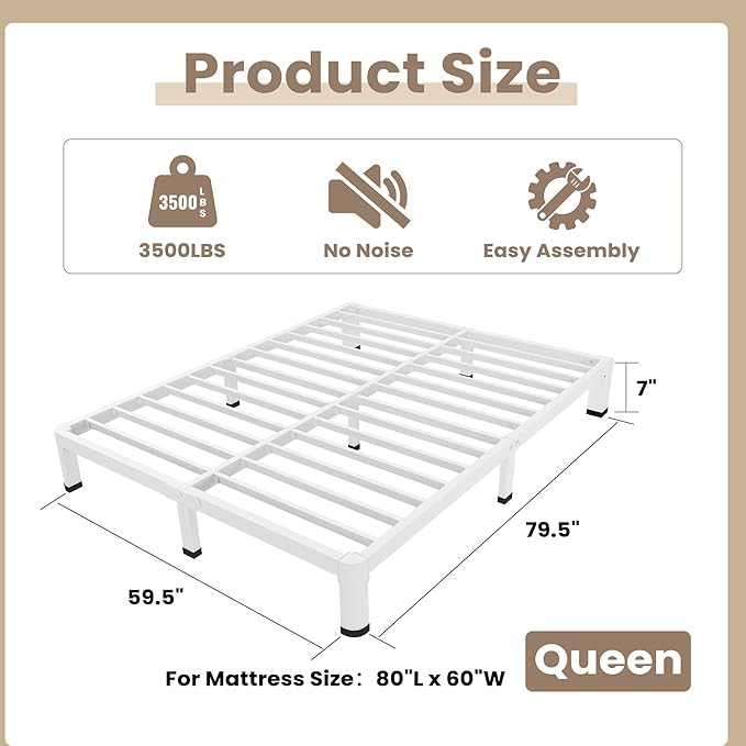 ROIL 7 Inch White Queen Bed Frame with Rounded Corner and Mattress Retainers, 3500LBS Heavy Duty Steel Slats No Box Spring Needed Platform Noise-Free Easy Assembly
