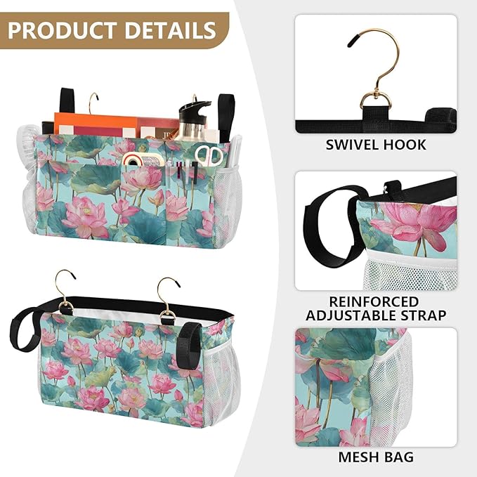 Bedside Caddy Hanging Bunk Bed Caddy Bed Organizer Hanging Pocket with 2 Hooks Bedside Storage Organizer Pocket Bag Holder Pastel Lotus Leaf Stem Floral