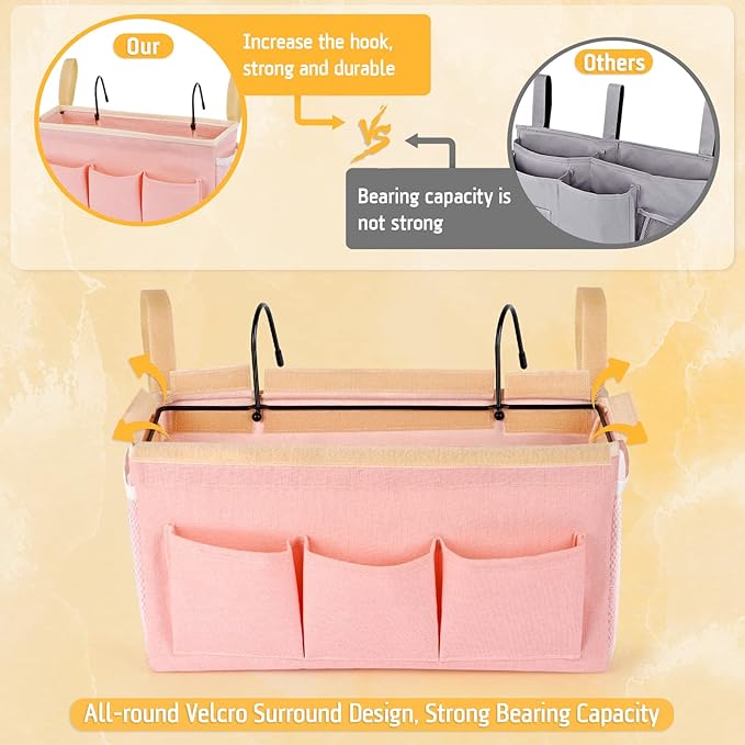 Lilithye Bedside Organizer with Fixed Straps and Water Bottle Holder for Home, College, Dorm, Bunk, Hospital, Crib, Bed Rails - Pink