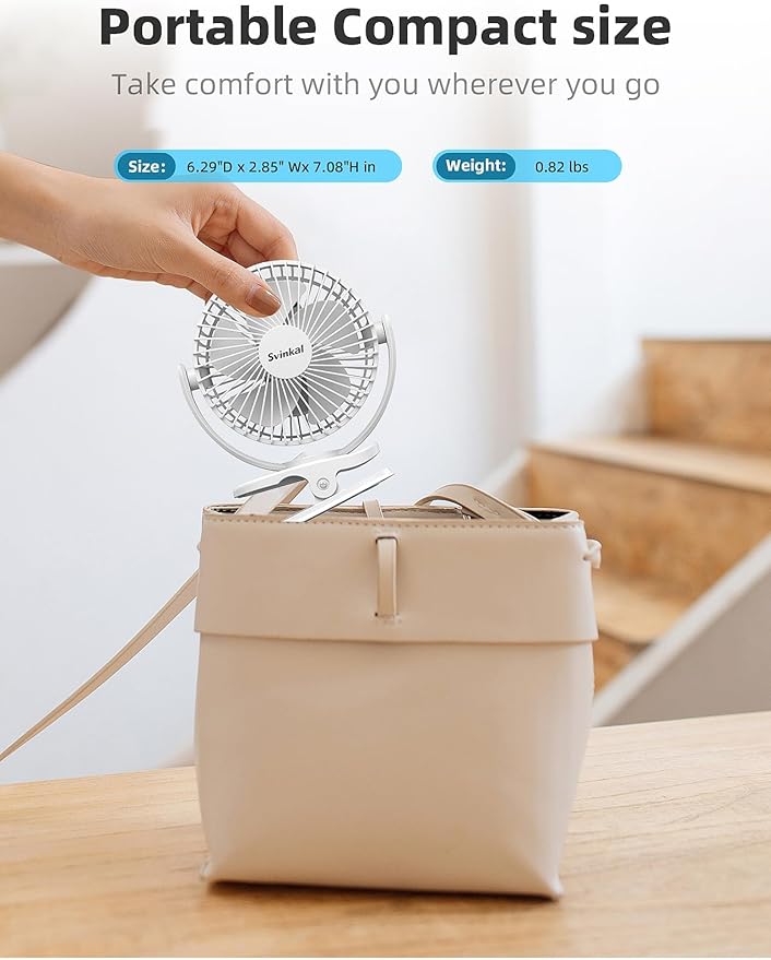 Svinkal usb Personal Clip on Fan 2400mAh Battery Operated 6in, Type C, 3 Speed, 720 adjustment, Small Portable Fan for Table, Bedroom, Desk, dormitory, Camping, Stroller, Golf Cart